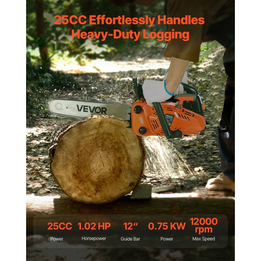 VEVOR 25 cc Gas Chainsaw, 12 inch Gas Powered Chainsaw, 1.02 HP Power Chain Saw with Non-Slip Handle, Gas-Powered Chainsaws with Dual Fuel Tanks, For Wood Cutting, Tree Trimming, and Land Clearing