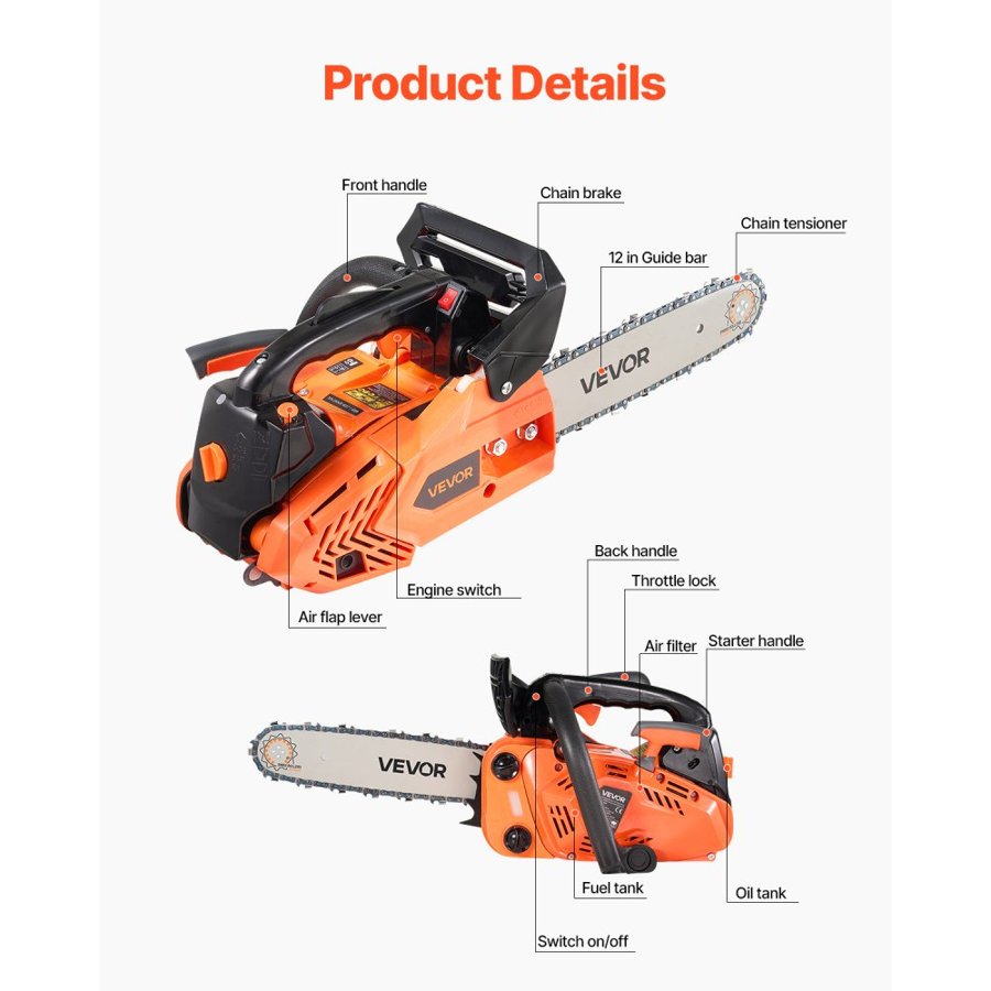 VEVOR 25 cc Gas Chainsaw, 12 inch Gas Powered Chainsaw, 1.02 HP Power Chain Saw with Non-Slip Handle, Gas-Powered Chainsaws with Dual Fuel Tanks, For Wood Cutting, Tree Trimming, and Land Clearing