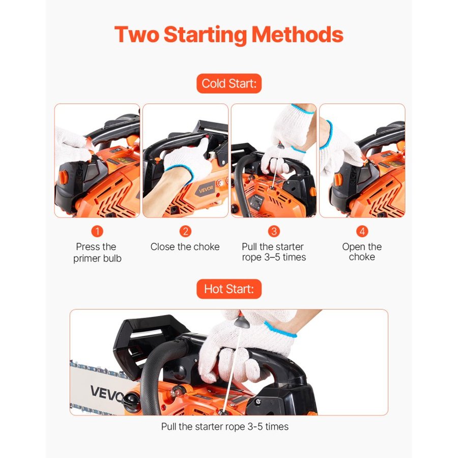 VEVOR 25 cc Gas Chainsaw, 12 inch Gas Powered Chainsaw, 1.02 HP Power Chain Saw with Non-Slip Handle, Gas-Powered Chainsaws with Dual Fuel Tanks, For Wood Cutting, Tree Trimming, and Land Clearing