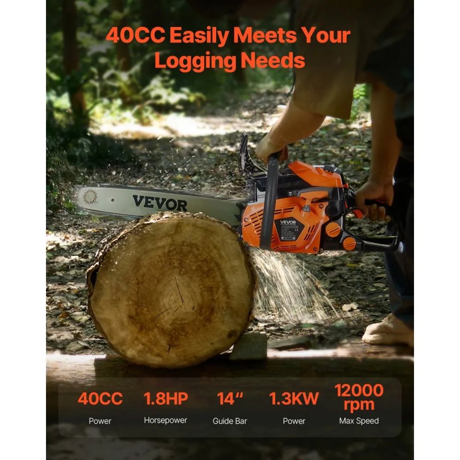 VEVOR 40 cc Gas Chainsaw, 14 inch Gas Powered Chainsaw, 1.8 HP Power Chain Saw with Non-Slip Handle, Gas-Powered Chainsaws with Dual Fuel Tanks, For Wood Cutting, Tree Trimming, and Land Clearing