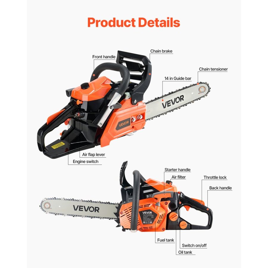 VEVOR 40 cc Gas Chainsaw, 14 inch Gas Powered Chainsaw, 1.8 HP Power Chain Saw with Non-Slip Handle, Gas-Powered Chainsaws with Dual Fuel Tanks, For Wood Cutting, Tree Trimming, and Land Clearing