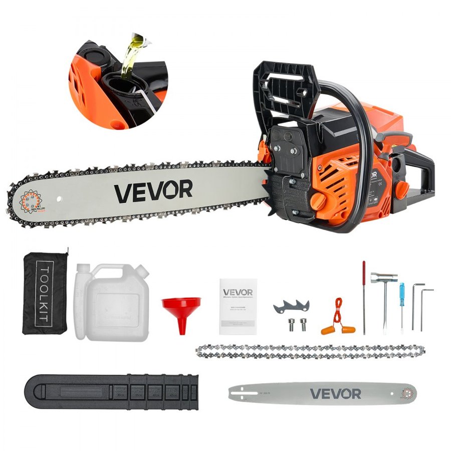 VEVOR 52 cc Gas Chainsaw, 18 inch Gas Powered Chainsaw, 2.4 HP Power Chain Saw with Non-Slip Handle, Gas-Powered Chainsaws with Dual Fuel Tanks, For Wood Cutting, Tree Trimming, and Land Clearing