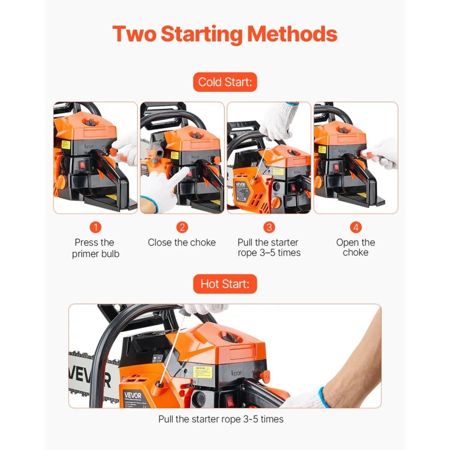 VEVOR 52 cc Gas Chainsaw, 18 inch Gas Powered Chainsaw, 2.4 HP Power Chain Saw with Non-Slip Handle, Gas-Powered Chainsaws with Dual Fuel Tanks, For Wood Cutting, Tree Trimming, and Land Clearing