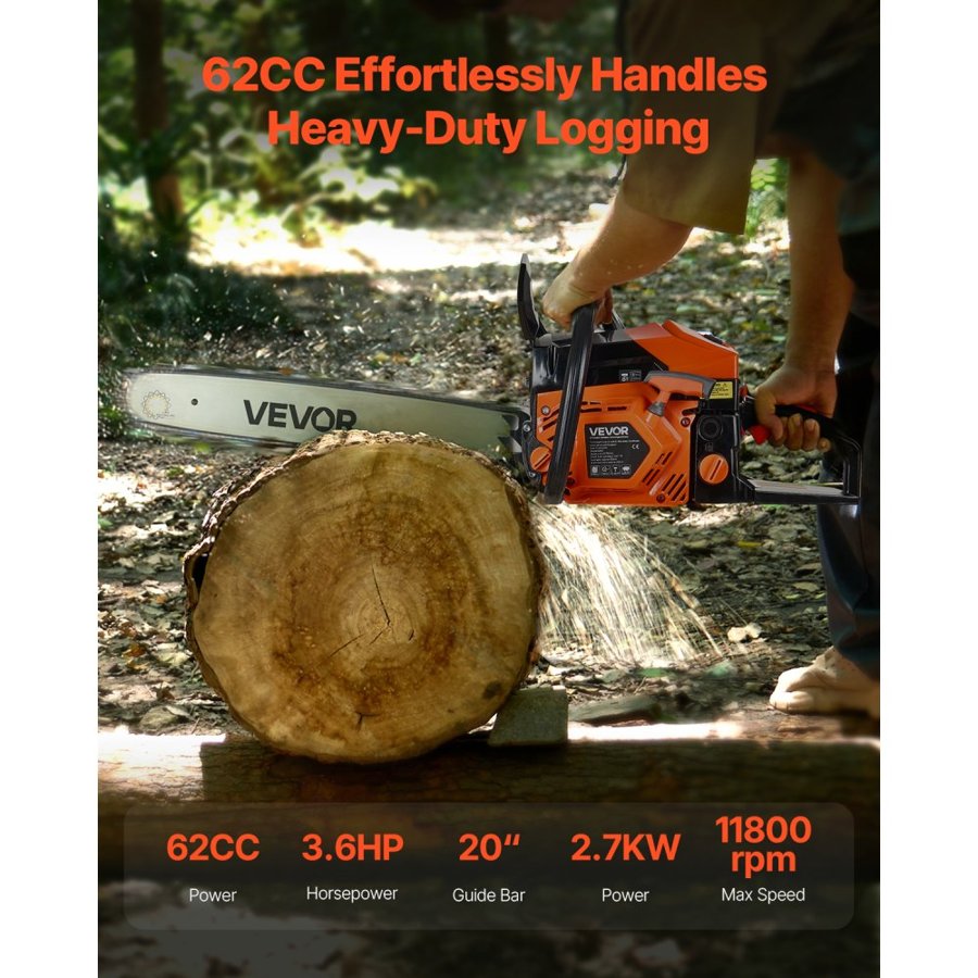 VEVOR 62 cc Gas Chainsaw, 20 inch Gas Powered Chainsaw, 3.6 HP Power Chain Saw with Non-Slip Handle, Gas-Powered Chainsaws with Dual Fuel Tanks, For Wood Cutting, Tree Trimming, and Land Clearing