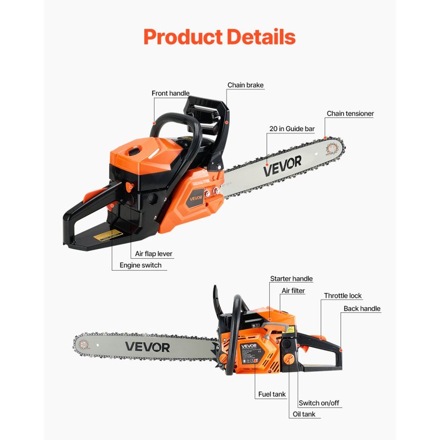 VEVOR 62 cc Gas Chainsaw, 20 inch Gas Powered Chainsaw, 3.6 HP Power Chain Saw with Non-Slip Handle, Gas-Powered Chainsaws with Dual Fuel Tanks, For Wood Cutting, Tree Trimming, and Land Clearing