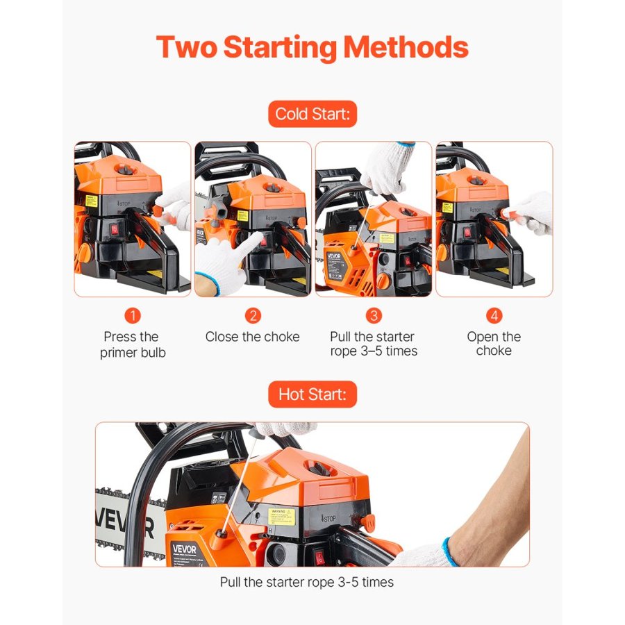 VEVOR 62 cc Gas Chainsaw, 20 inch Gas Powered Chainsaw, 3.6 HP Power Chain Saw with Non-Slip Handle, Gas-Powered Chainsaws with Dual Fuel Tanks, For Wood Cutting, Tree Trimming, and Land Clearing