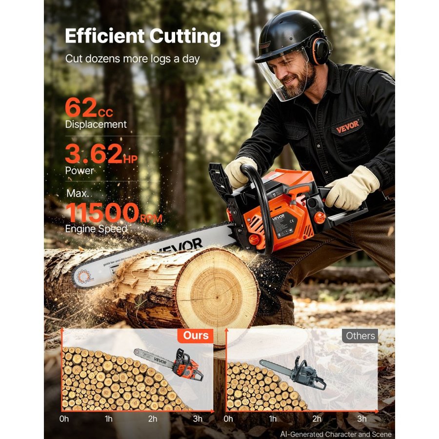VEVOR Gas Powered Chainsaw 508 mm 62CC 2.7kW 2 Stroke Engine Gas Chainsaw, for Wood Cutting, Tree Trimming & Land Clearing, Throttle-Synced Choke, Power Chain Saw with Non-Slip Handle & Dual Tanks