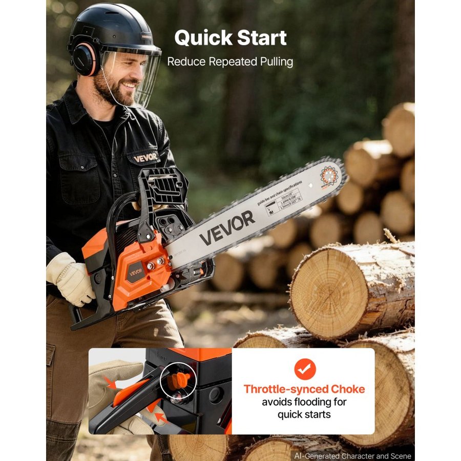 VEVOR Gas Powered Chainsaw 508 mm 62CC 2.7kW 2 Stroke Engine Gas Chainsaw, for Wood Cutting, Tree Trimming & Land Clearing, Throttle-Synced Choke, Power Chain Saw with Non-Slip Handle & Dual Tanks