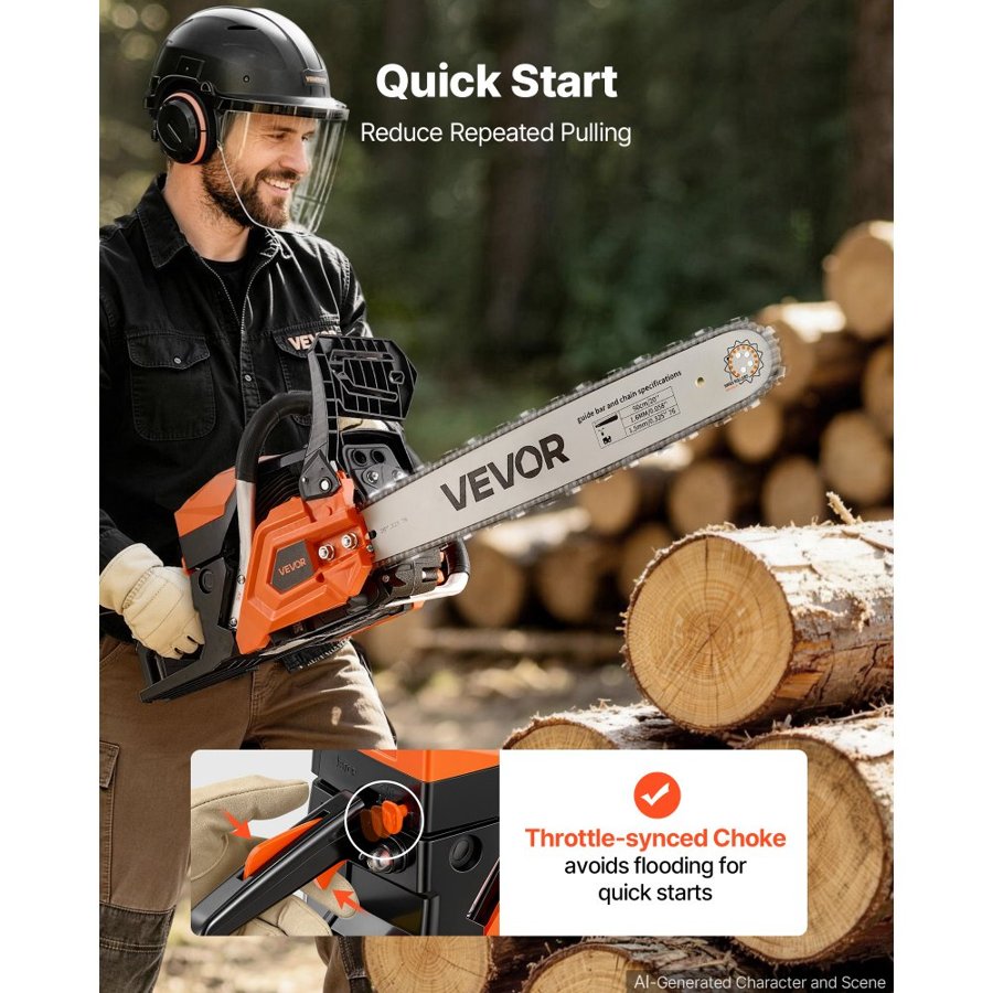 VEVOR Gas Powered Chainsaw 508 mm 58CC 2.2kW 2 Stroke Engine Gas Chainsaw, for Wood Cutting, Tree Trimming & Land Clearing, Throttle-Synced Choke, Power Chain Saw with Non-Slip Handle & Dual Tanks