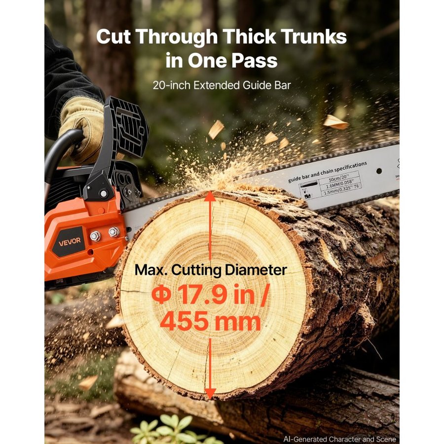 VEVOR Gas Powered Chainsaw 508 mm 58CC 2.2kW 2 Stroke Engine Gas Chainsaw, for Wood Cutting, Tree Trimming & Land Clearing, Throttle-Synced Choke, Power Chain Saw with Non-Slip Handle & Dual Tanks