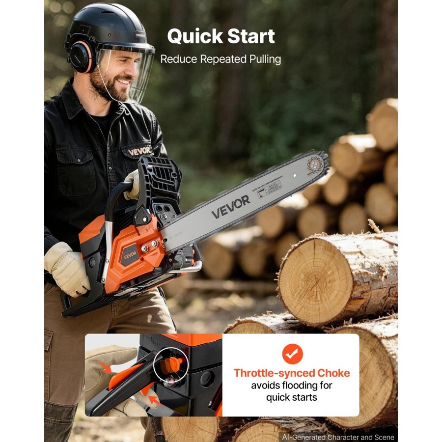 VEVOR Gas Powered Chainsaw 457.2 mm 52CC 2kW 2 Stroke Engine Gas Chainsaw, for Wood Cutting, Tree Trimming & Land Clearing, Throttle-Synced Choke, Power Chain Saw with Non-Slip Handle & Dual Tanks