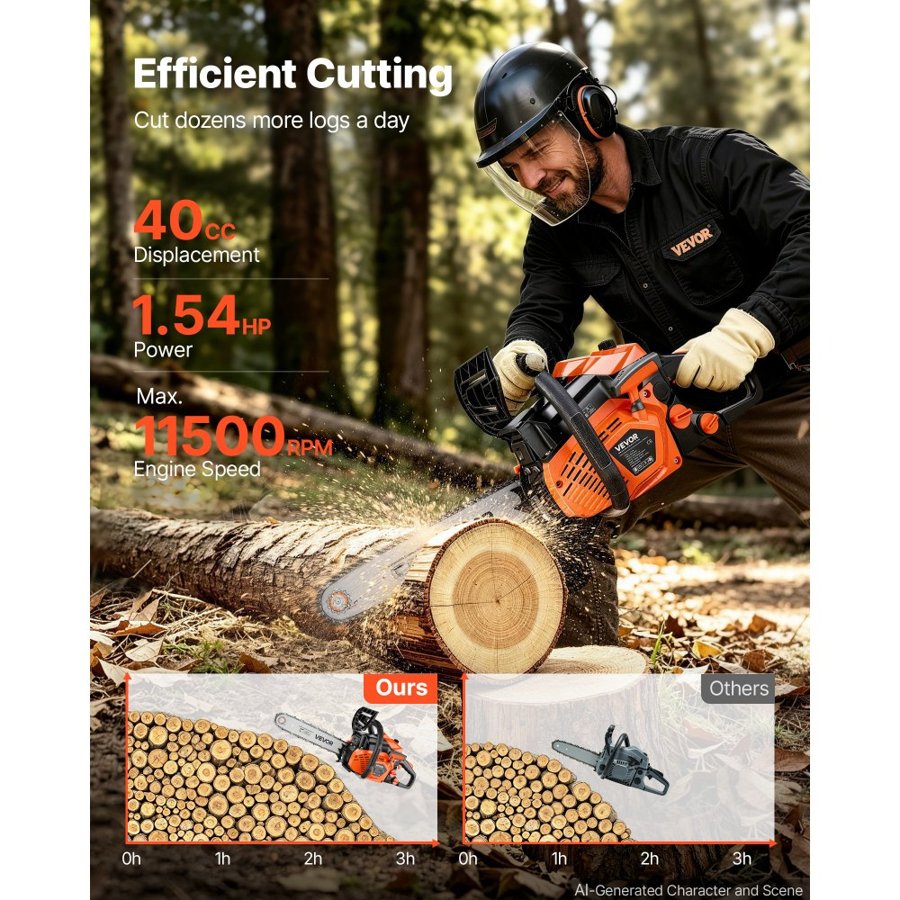 VEVOR Gas Powered Chainsaw 355.6 mm 40CC 1.15kW 2 Stroke Engine Chainsaw, for Wood Cutting, Tree Trimming & Land Clearing, Throttle-Synced Choke, Power Chain Saw with Non-Slip Handle & Dual Tanks