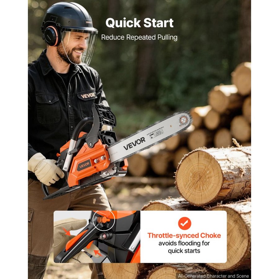 VEVOR Gas Powered Chainsaw 355.6 mm 40CC 1.15kW 2 Stroke Engine Chainsaw, for Wood Cutting, Tree Trimming & Land Clearing, Throttle-Synced Choke, Power Chain Saw with Non-Slip Handle & Dual Tanks
