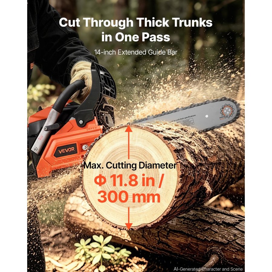 VEVOR Gas Powered Chainsaw 355.6 mm 40CC 1.15kW 2 Stroke Engine Chainsaw, for Wood Cutting, Tree Trimming & Land Clearing, Throttle-Synced Choke, Power Chain Saw with Non-Slip Handle & Dual Tanks