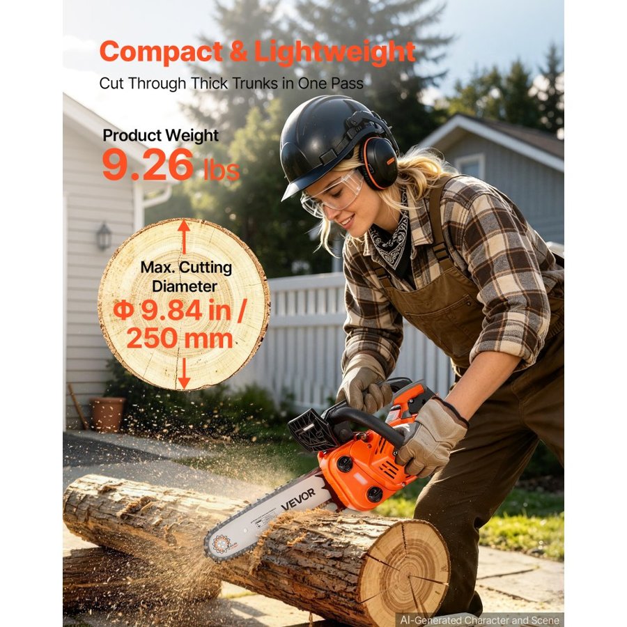 VEVOR Gas Powered Chainsaw 304.8 mm 25.4CC 0.75kW 2 Stroke Engine Chainsaw, for Wood Cutting, Tree Trimming & Land Clearing, Throttle-Synced Choke, Power Chain Saw with Non-Slip Handle & Dual Tanks