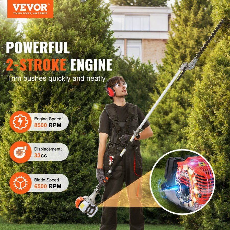 VEVOR Multi Function Hedge Trimmer – 33CC, 6-in-1, 8500RPM