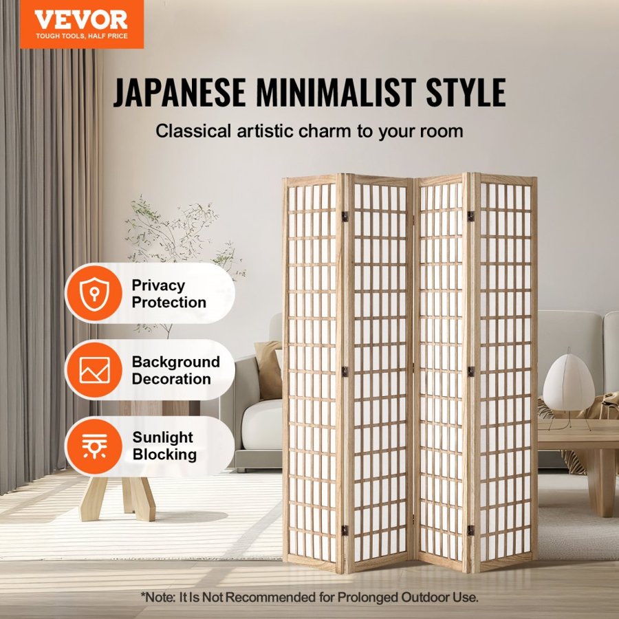 VEVOR Room Divider, 4 Panel Japanese Room Divider, Folding Privacy Screen Indoor, Portable Partition Dividers and Decoration Screens, for Room Separation, Home, Office, Restaurant & Bedroom (Natural)