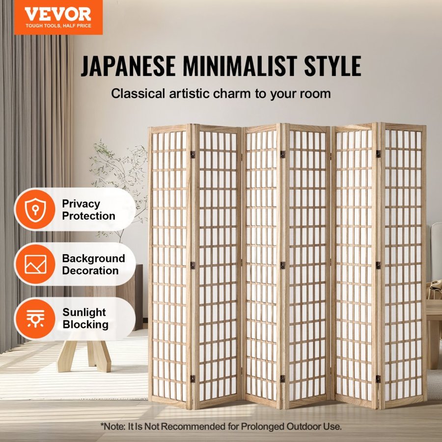 VEVOR Japanese Room Divider Screen - 6 Wood Folding, 360°