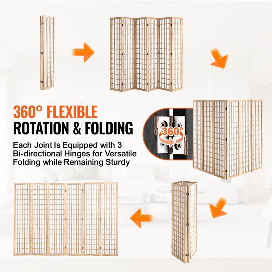 VEVOR Japanese Room Divider Screen - 6 Wood Folding, 360°