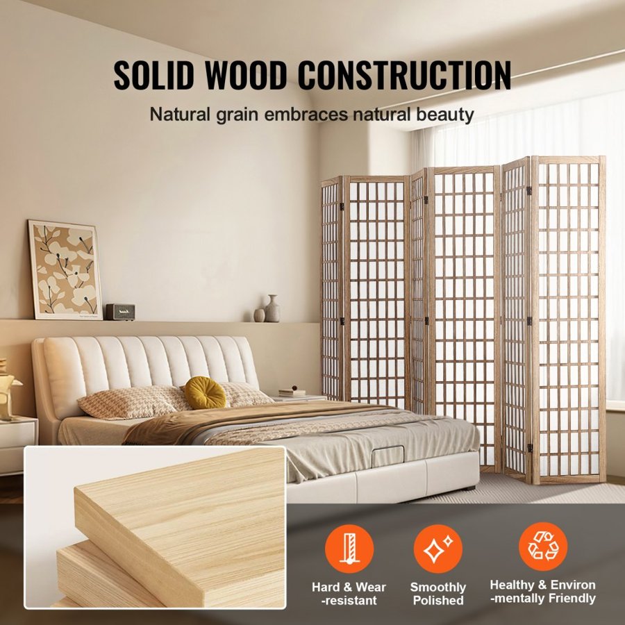 VEVOR Japanese Room Divider Screen - 6 Wood Folding, 360°