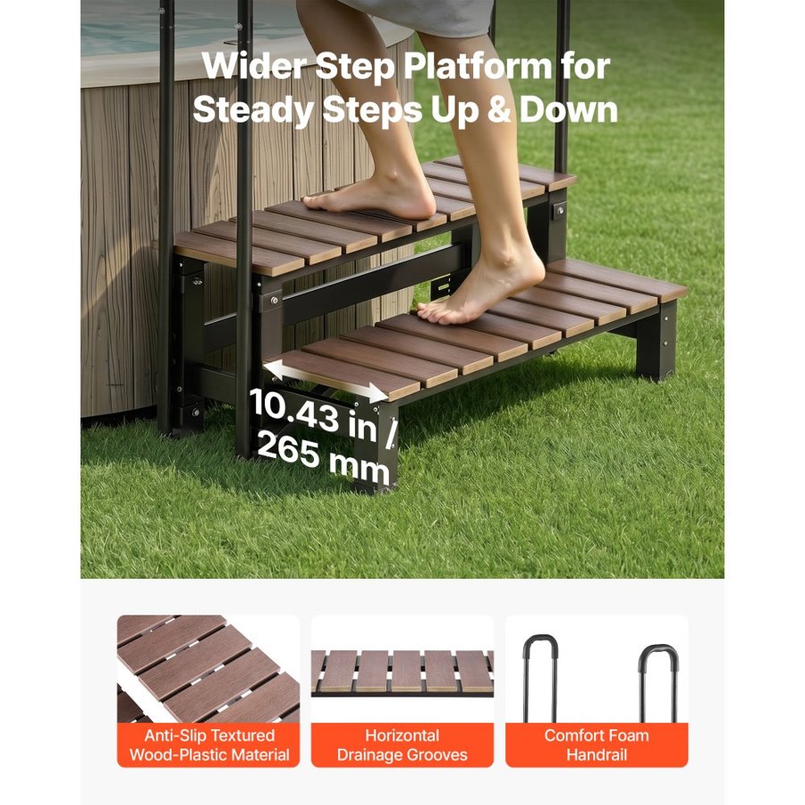 VEVOR Hot Tub Steps with Handrail 2-Step Spa Outdoor Stairs 250 kg Capacity, 820 mm Wide Step, Steel & Sturdy HIPS, Easy Assembly, Non-Slip Step Ladder for Above-Ground/Inflatable Pool, RV,Patio,Deck