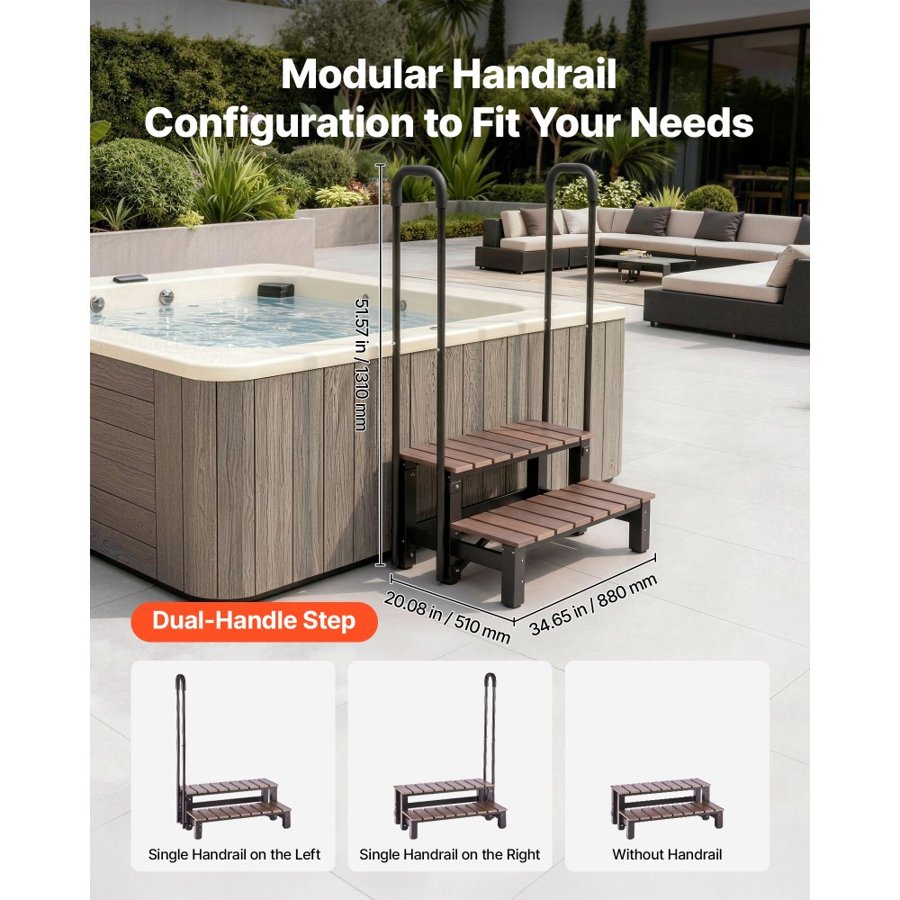 VEVOR Hot Tub Steps with Handrail 2-Step Spa Outdoor Stairs 250 kg Capacity, 820 mm Wide Step, Steel & Sturdy HIPS, Easy Assembly, Non-Slip Step Ladder for Above-Ground/Inflatable Pool, RV,Patio,Deck