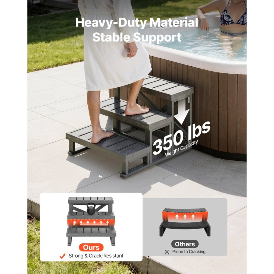 VEVOR Hot Tub Steps 3-Step Spa Stairs 700 mm Wide Step Ladder Outdoor, 160 kg Capacity, Sturdy HIPS Plastic, Non-Slip Foot Pads, Easy Assembly, Stable Access for Pool, RV, Home Patio and Backyard
