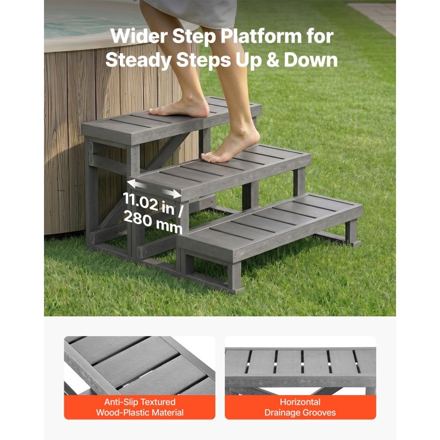 VEVOR Hot Tub Steps 3-Step Spa Stairs 700 mm Wide Step Ladder Outdoor, 160 kg Capacity, Sturdy HIPS Plastic, Non-Slip Foot Pads, Easy Assembly, Stable Access for Pool, RV, Home Patio and Backyard