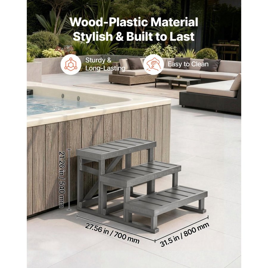 VEVOR Hot Tub Steps 3-Step Spa Stairs 700 mm Wide Step Ladder Outdoor, 160 kg Capacity, Sturdy HIPS Plastic, Non-Slip Foot Pads, Easy Assembly, Stable Access for Pool, RV, Home Patio and Backyard