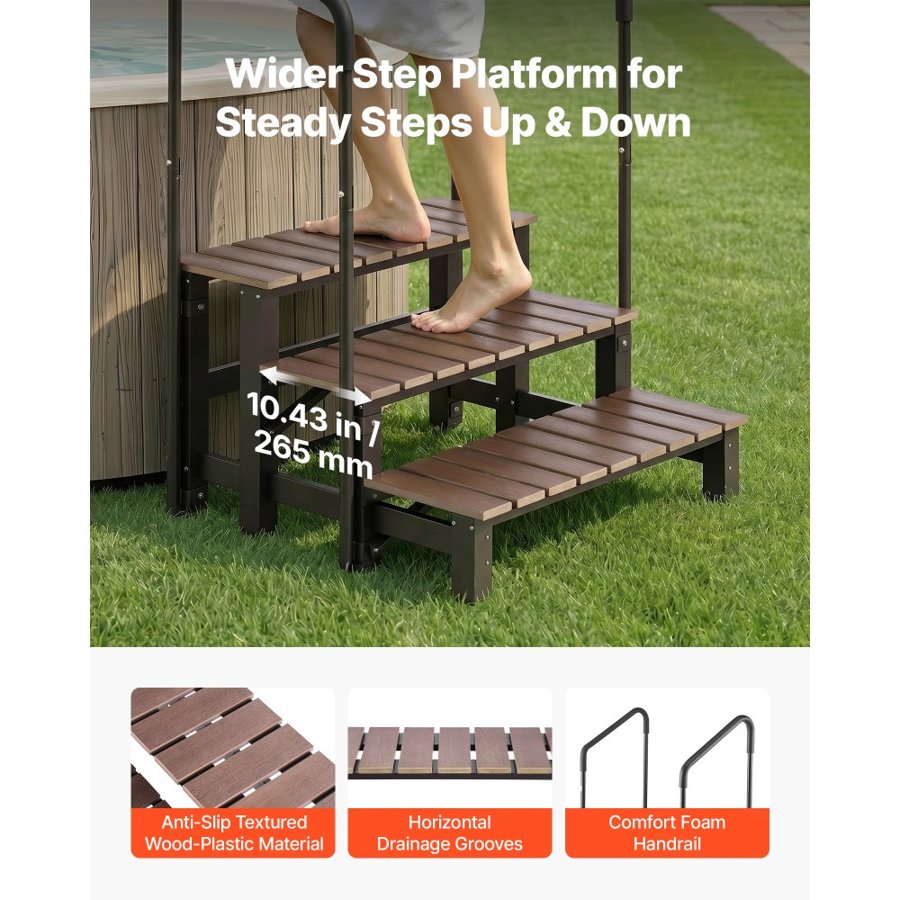 VEVOR Hot Tub Steps with Handrail 3-Step Spa Outdoor Stairs 250 kg Capacity, 820 mm Wide Step, Steel & Sturdy HIPS, Easy Assembly, Non-Slip Step Ladder for Above-Ground/Inflatable Pool, RV,Patio,Deck
