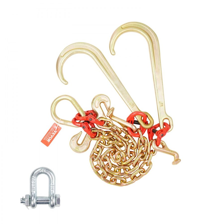 VEVOR G80 V Bridle Chain, 3/8" x 2' Towing Chain Bridle with 15" J Hooks, T Hooks & Grab Hooks, Heavy Duty Transport Tow Chain Bridle with 7800 lbs Safe Working Load for Flatbed Truck Wrecker Recovery