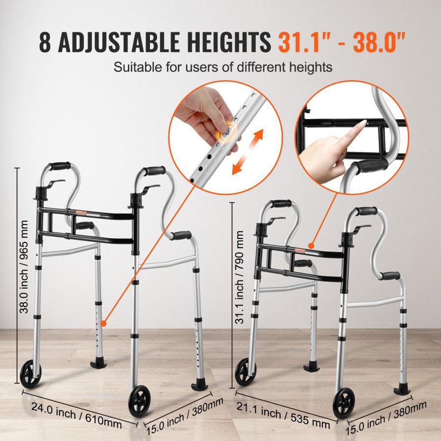 VEVOR Folding Walker on Wheels, 3-in-1 Stand-Assist Folding Walkers with Adjustable Height and Width, Lightweight Aluminum | Front Wheeled Mobility Aid for Elderly Handicapped Disabled, Up to 350LBS
