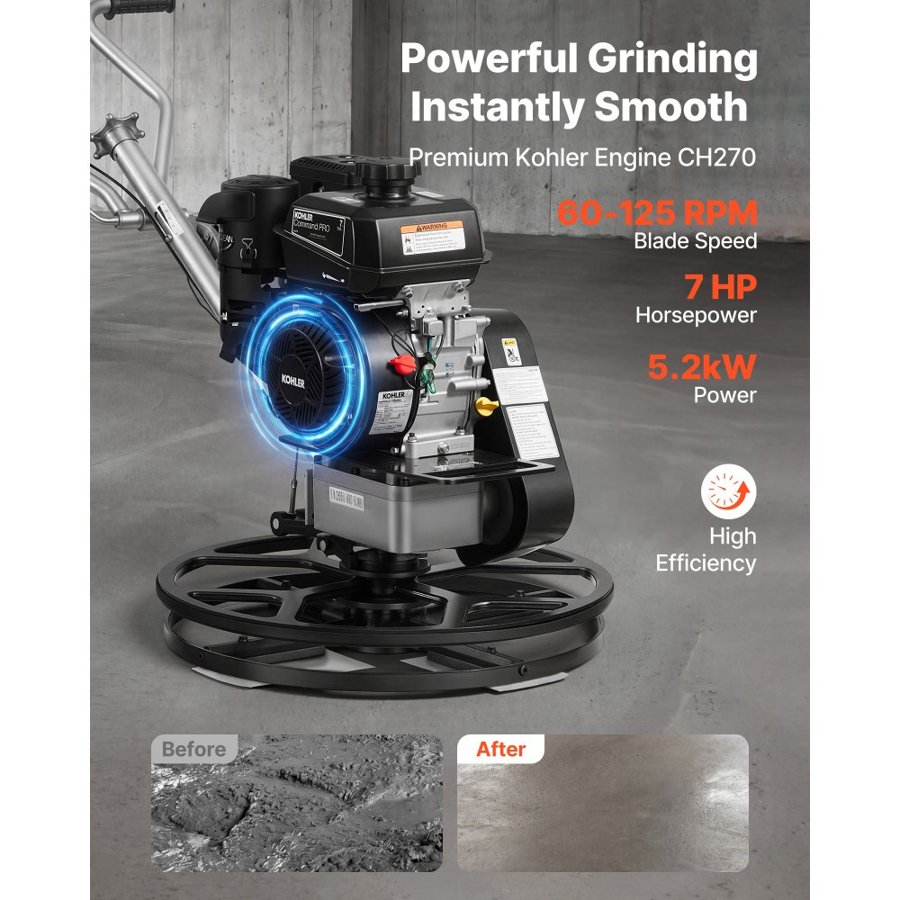 VEVOR Power Trowel, 610 mm Concrete Finishing Machine with Float Pan, 7HP Kohler Engine, 4 Blades, Adjustable Pitch, Gas-Powered Walk-Behind Cement Surface Finisher for Smooth Floors, Construction