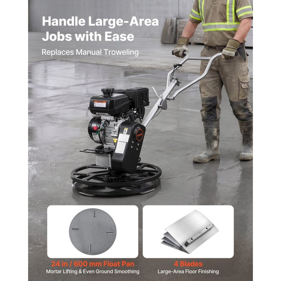 VEVOR Power Trowel, 610 mm Concrete Finishing Machine with Float Pan, 7HP Kohler Engine, 4 Blades, Adjustable Pitch, Gas-Powered Walk-Behind Cement Surface Finisher for Smooth Floors, Construction