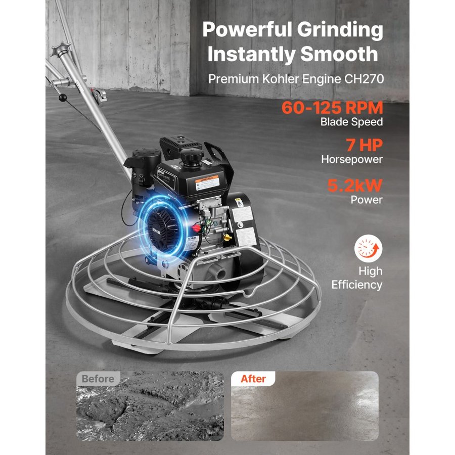VEVOR Power Trowel, 950 mm Concrete Finishing Machine with Float Pan, 7HP Kohler Engine, 4 Blades, Adjustable Pitch, Gas-Powered Walk-Behind Cement Surface Finisher for Smooth Floors, Construction