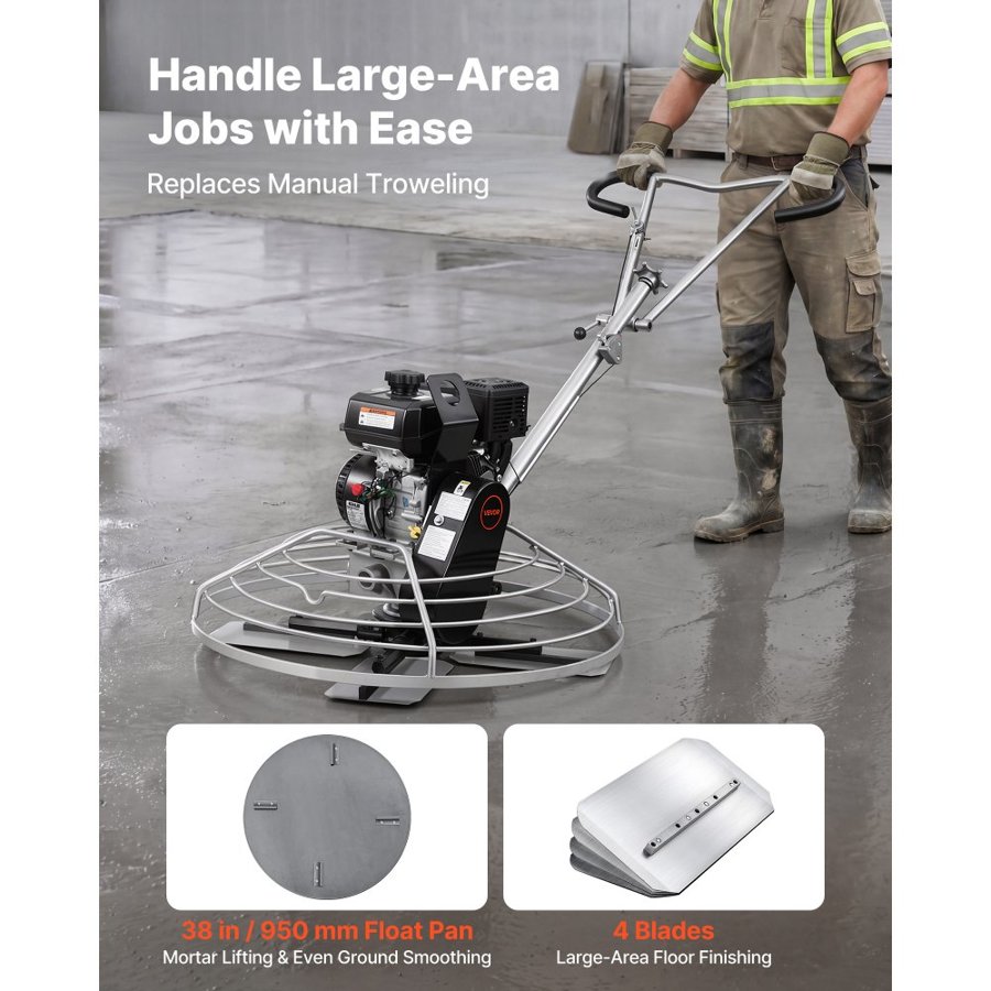 VEVOR Power Trowel, 950 mm Concrete Finishing Machine with Float Pan, 7HP Kohler Engine, 4 Blades, Adjustable Pitch, Gas-Powered Walk-Behind Cement Surface Finisher for Smooth Floors, Construction