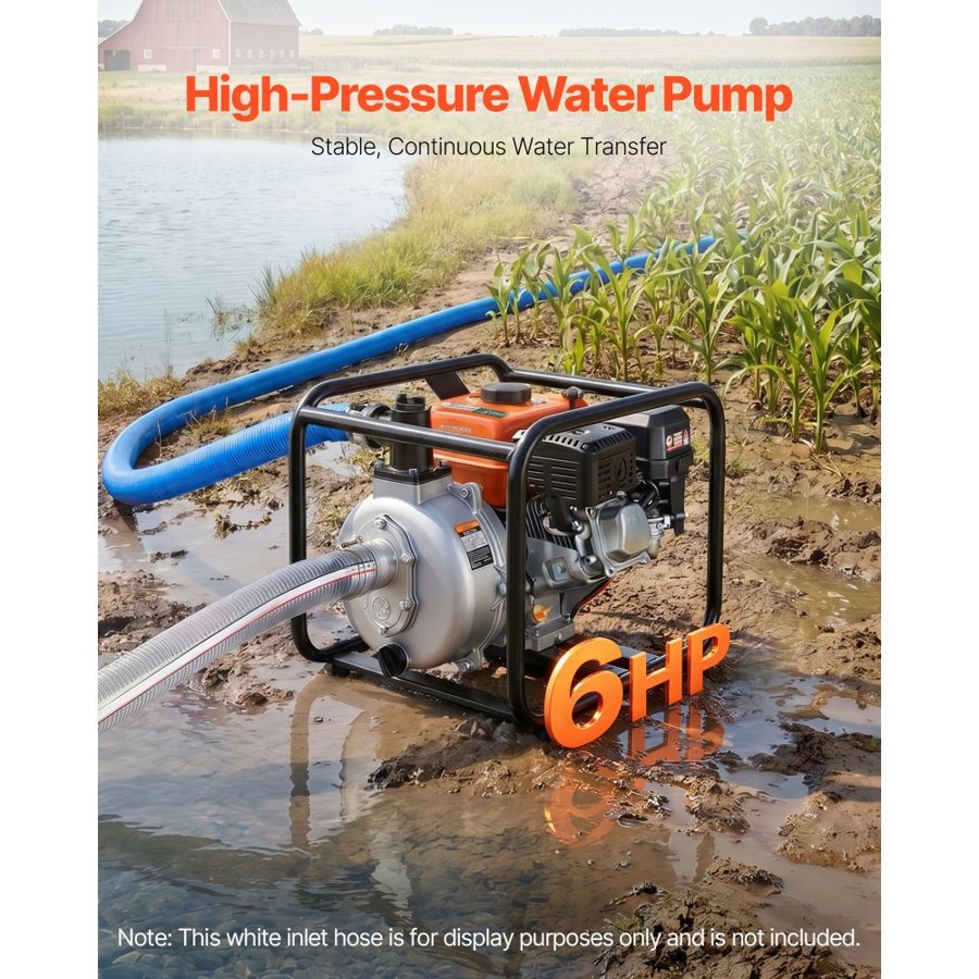 VEVOR Gas Powered Water Pump, 50.8 mm, 128 GPM 6HP Semi Trash Water Transfer Pump Portable, Gasoline Engine with 7.62 m Discharge Hose, Heavy Duty Frame, Cast Iron Impeller, for Irrigation, Pools