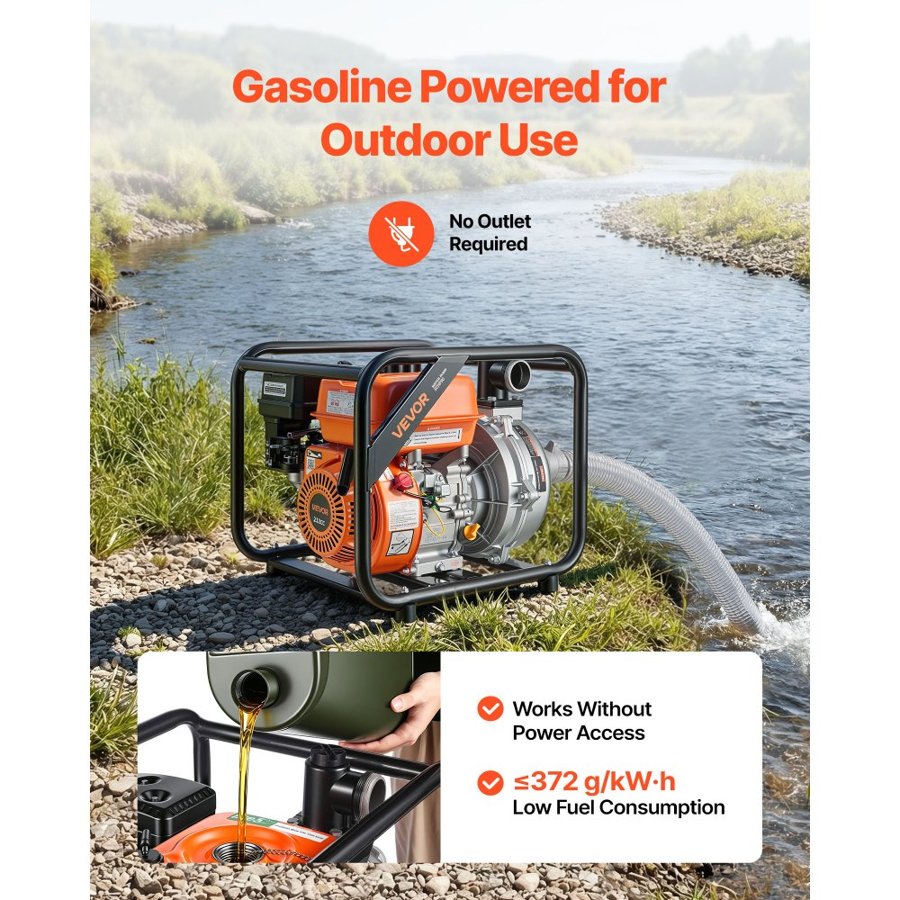 VEVOR Gas Powered Water Pump, 50.8 mm, 128 GPM 6HP Semi Trash Water Transfer Pump Portable, Gasoline Engine with 7.62 m Discharge Hose, Heavy Duty Frame, Cast Iron Impeller, for Irrigation, Pools