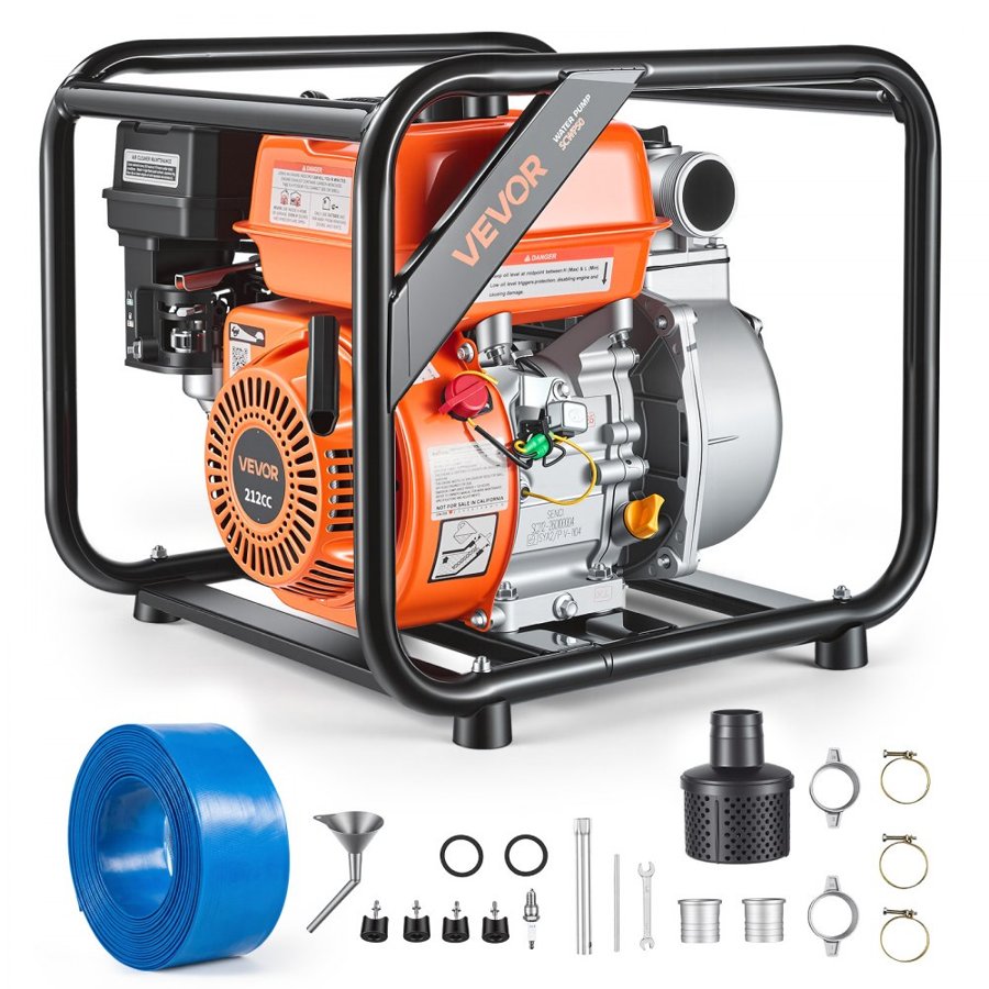 VEVOR Gas Powered Water Pump, 50.8 mm, 142 GPM 7HP Semi Trash Water Transfer Pump Portable, Gasoline Engine with 7.62 m Discharge Hose, Heavy Duty Frame, Cast Iron Impeller, for Irrigation, Pools