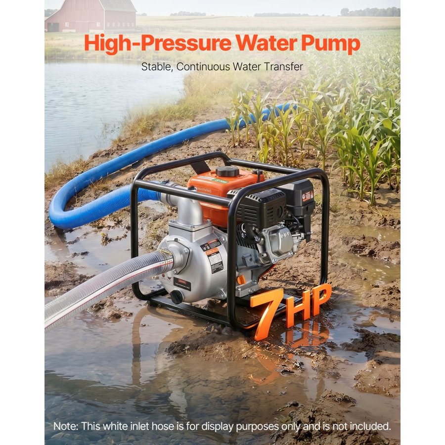 VEVOR Gas Powered Water Pump, 50.8 mm, 142 GPM 7HP Semi Trash Water Transfer Pump Portable, Gasoline Engine with 7.62 m Discharge Hose, Heavy Duty Frame, Cast Iron Impeller, for Irrigation, Pools