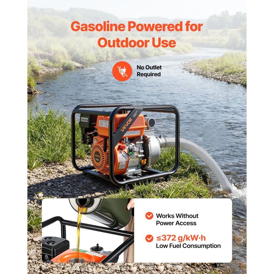 VEVOR Gas Powered Water Pump, 50.8 mm, 142 GPM 7HP Semi Trash Water Transfer Pump Portable, Gasoline Engine with 7.62 m Discharge Hose, Heavy Duty Frame, Cast Iron Impeller, for Irrigation, Pools