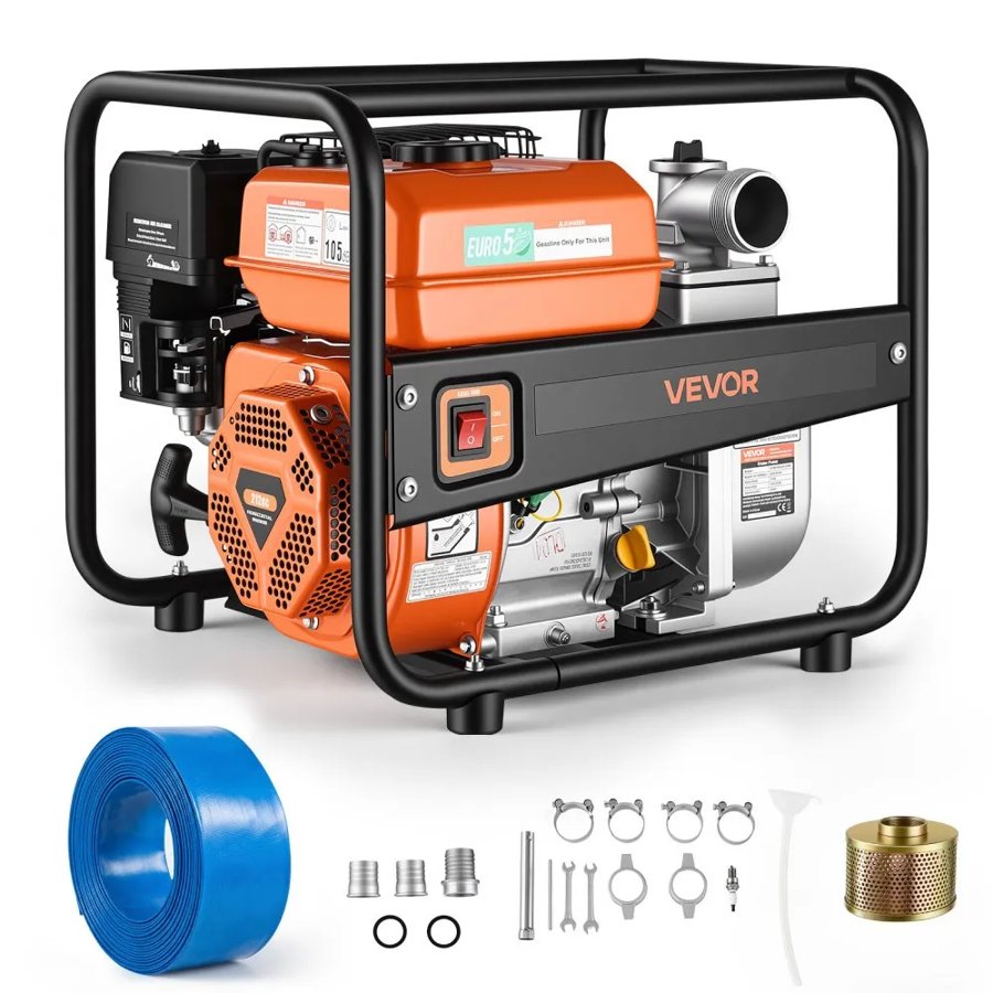 VEVOR Gas Powered Water Pump, 50.8 mm, 158 GPM 7HP Semi Trash Water Transfer Pump Portable, Gasoline Engine with 7.62 m Discharge Hose, Heavy Duty Frame, Cast Iron Impeller, for Irrigation, Pools