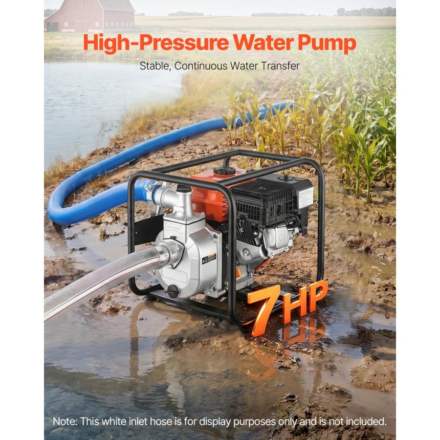 VEVOR Gas Powered Water Pump, 50.8 mm, 158 GPM 7HP Semi Trash Water Transfer Pump Portable, Gasoline Engine with 7.62 m Discharge Hose, Heavy Duty Frame, Cast Iron Impeller, for Irrigation, Pools
