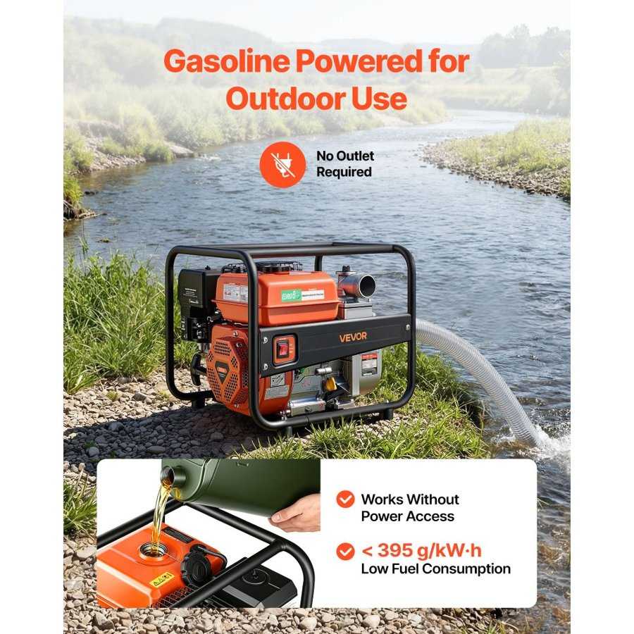 VEVOR Gas Powered Water Pump, 50.8 mm, 158 GPM 7HP Semi Trash Water Transfer Pump Portable, Gasoline Engine with 7.62 m Discharge Hose, Heavy Duty Frame, Cast Iron Impeller, for Irrigation, Pools
