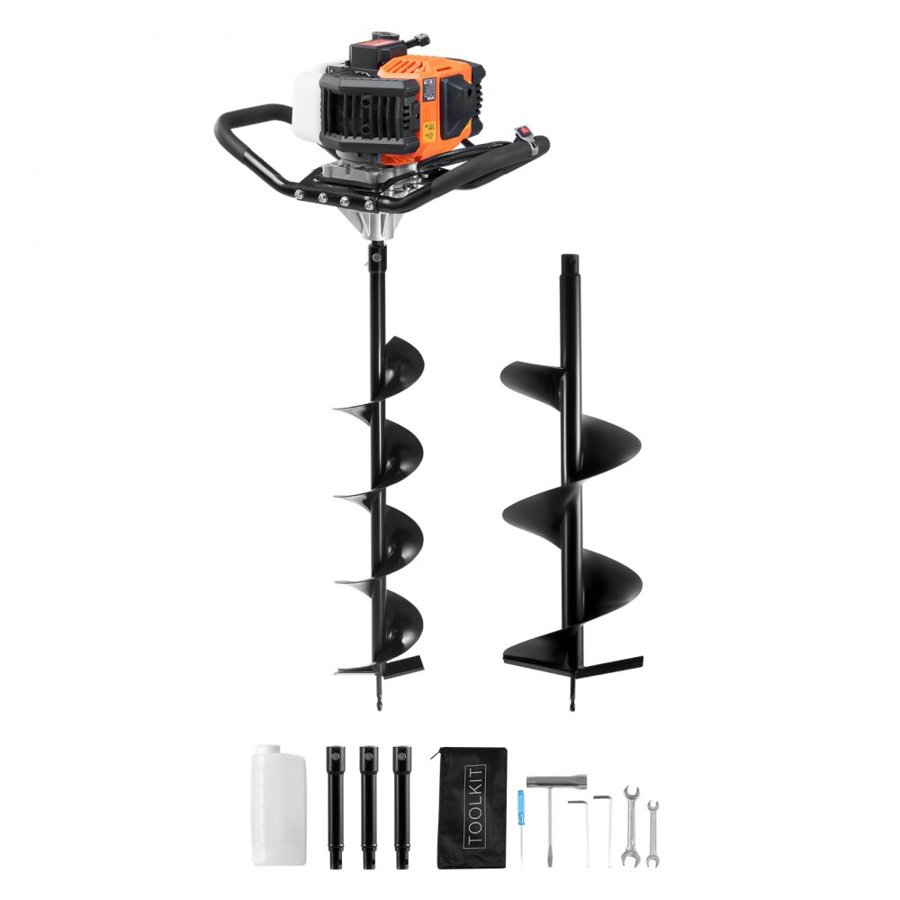 VEVOR Post Hole Digger Gas Powered, 52CC 1450W Earth Auger, Gas Auger with 6” & 10” Auger Drill Action Design Bits & 3 Extension Rods, Post Fence Hole Digger for Farmland Garden Plant, Orange+Black
