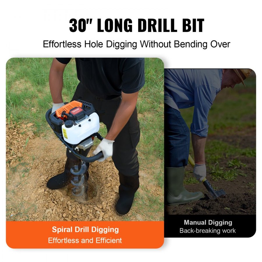 VEVOR Post Hole Digger Gas Powered, 52CC 1450W Earth Auger, Gas Auger with 6” & 10” Auger Drill Action Design Bits & 3 Extension Rods, Post Fence Hole Digger for Farmland Garden Plant, Orange+Black