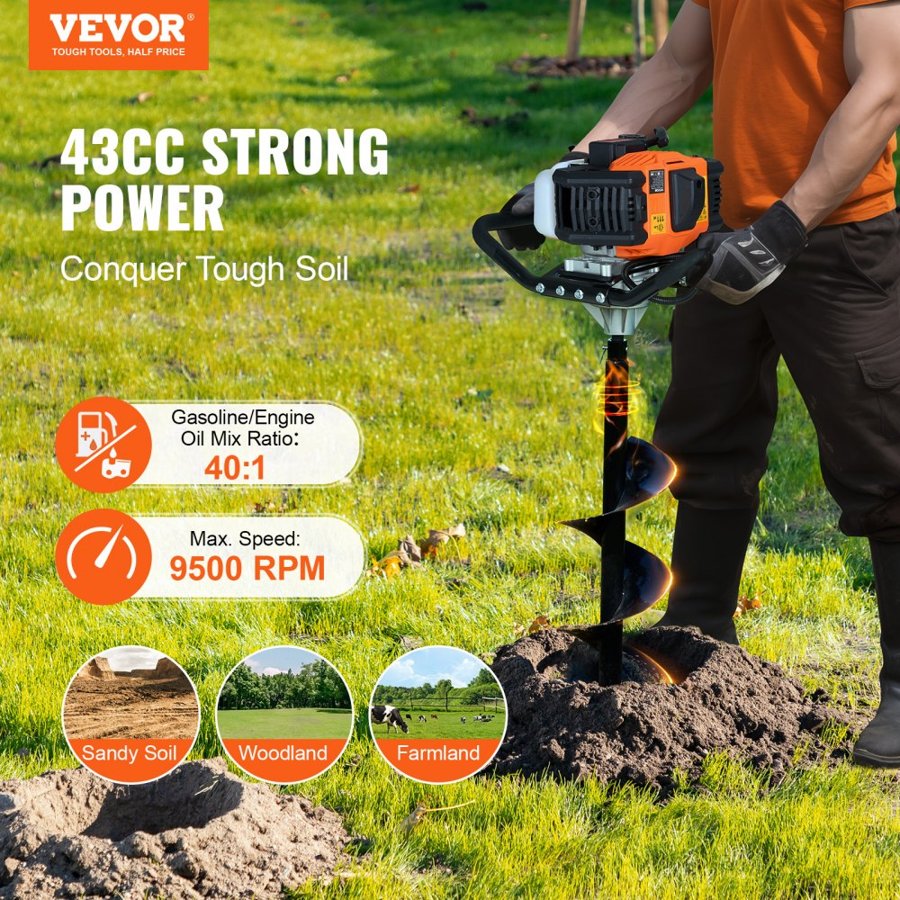 VEVOR Post Hole Digger Gas Powered, 43CC 1250W Earth Auger, Gas Auger with 8” Auger Drill Action Design Bits, Post Fence Hole Digger for Farmland Garden Plant, Orange+Black