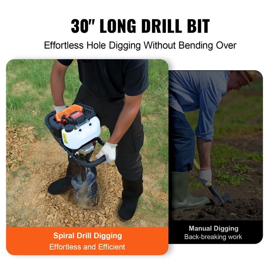 VEVOR Post Hole Digger Gas Powered, 43CC 1250W Earth Auger, Gas Auger with 8” Auger Drill Action Design Bits, Post Fence Hole Digger for Farmland Garden Plant, Orange+Black