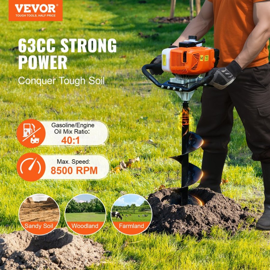 VEVOR Gas Post Hole Digger 63CC 2400W with 20.3 cm Drill Bits & 1 Extension Rod