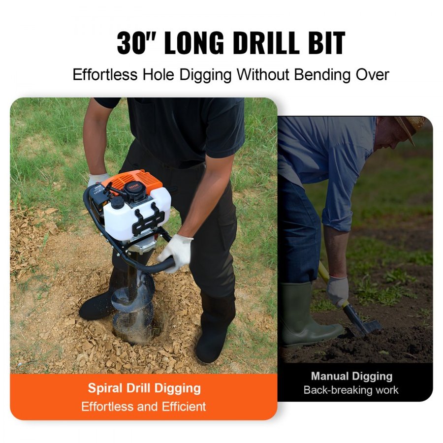 VEVOR Gas Post Hole Digger 63CC 2400W with 20.3 cm Drill Bits & 1 Extension Rod